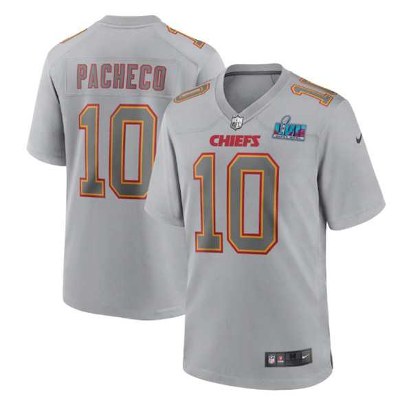 Mens Kansas City Chiefs #10 Isiah Pacheco Gray Super Bowl LVII Patch Atmosphere Fashion Stitched Game Jersey1